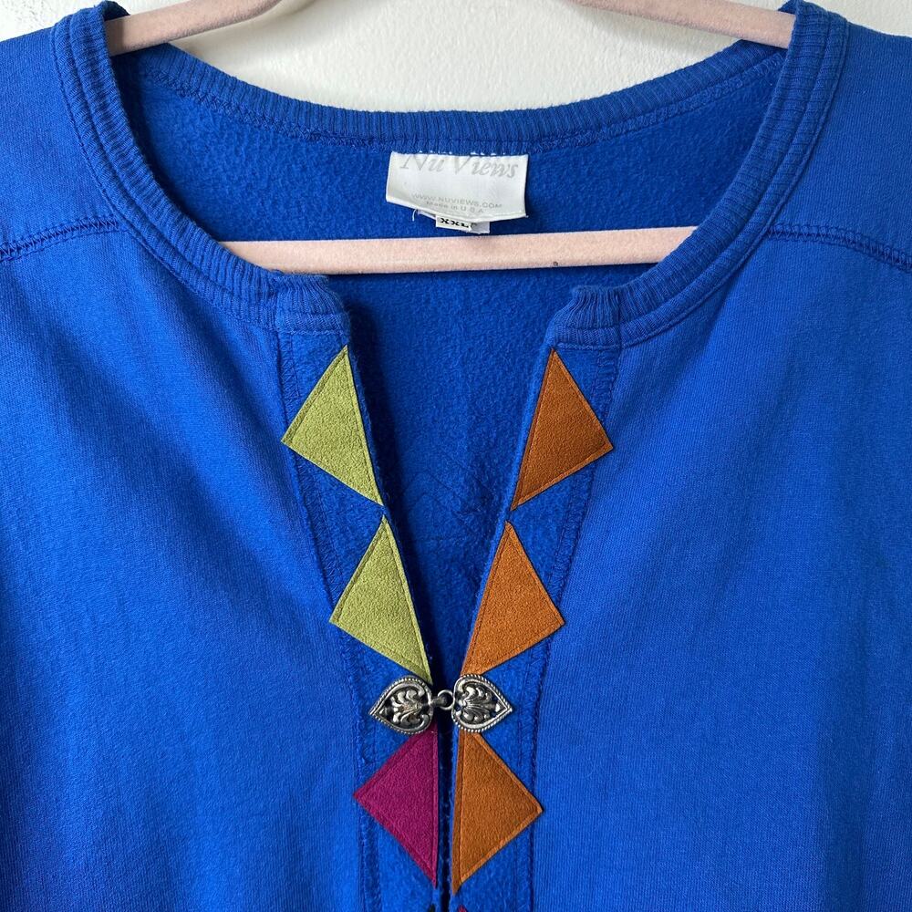 XXL VTG Nu Views Blue Embroidered Cardigan USA Made Artsy Boho Lagenlook Folksy - Picture 6 of 10